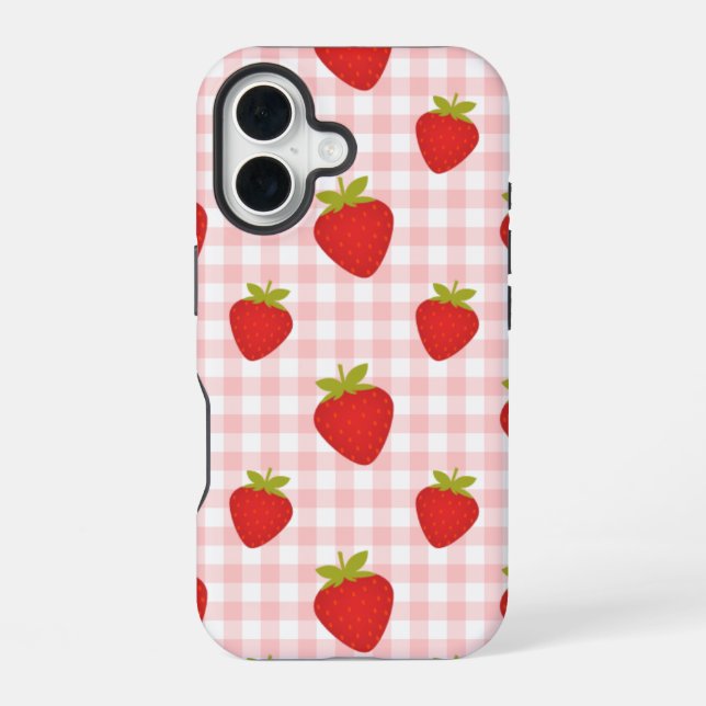 Funda Para iPhone 16 gingham de fresa (Reverso )