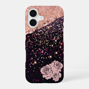 Funda Para iPhone 16 Glam Rosa Purpurina negro Rosas de Rubor