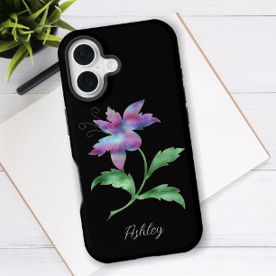 Funda Para iPhone 16 Gran Flor Iridescente, Nombre de Script en Negro