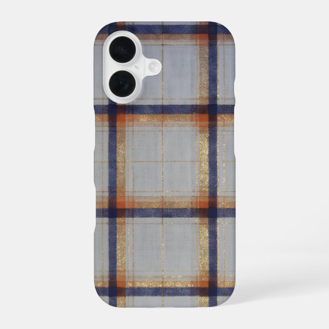 Funda Para iPhone 16 Gray and Navy Plaid with Gold Accent (Reverso )