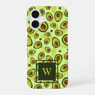 Funda Para iPhone 16 Green Avocado Fruit Pattern Monogram