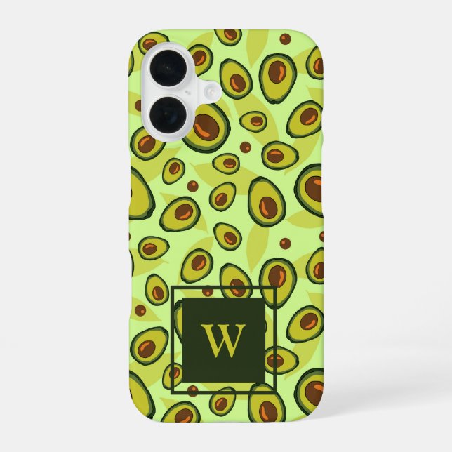 Funda Para iPhone 16 Green Avocado Fruit Pattern Monogram (Reverso )