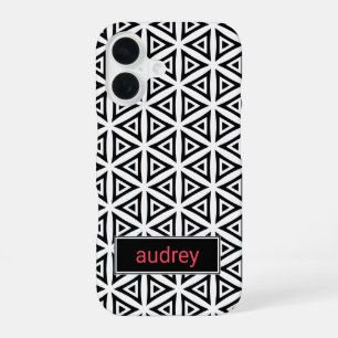 Funda Para iPhone 16 Gris Triangular Patrón Blanco y Negro con tu Nombr