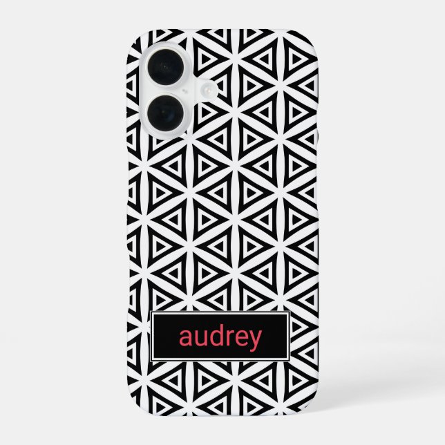 Funda Para iPhone 16 Gris Triangular Patrón Blanco y Negro con tu Nombr (Reverso )
