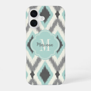 Funda Para iPhone 16 Gris y menta tribal ikat chevron monograma