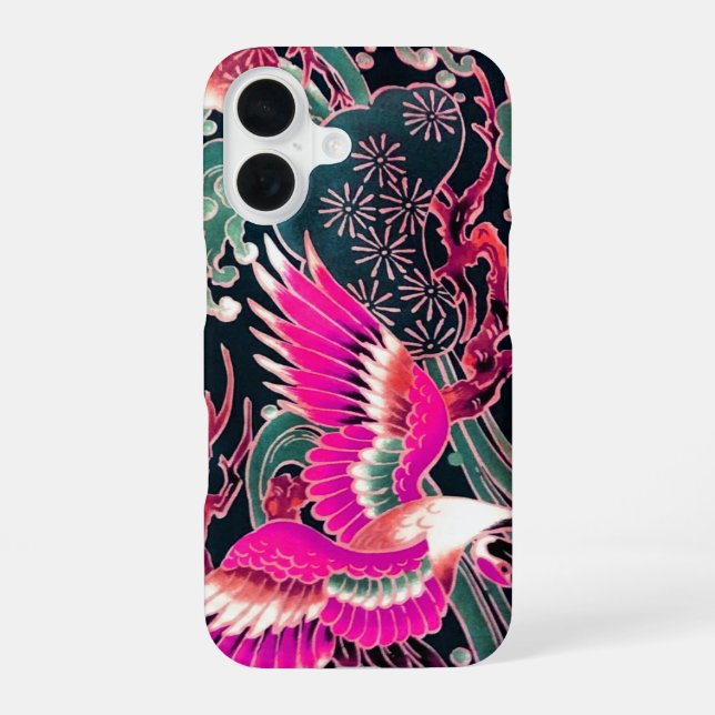 Funda Para iPhone 16 GRULLAS VOLADORAS, OLAS, FLORES Floral Japonesa Ro (Reverso )