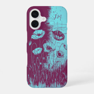 Funda Para iPhone 16 Grunge Amapola Azul Púrpura Monograma Nombre Perso
