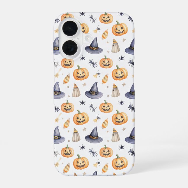 Funda Para iPhone 16 Halloween Pumpkins and Witch Hats Pattern (Reverso )