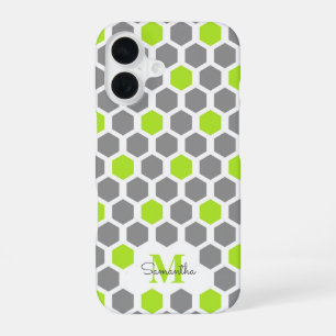 Funda Para iPhone 16 Hexágono Gris Verde Lima Moderno Con Monograma De