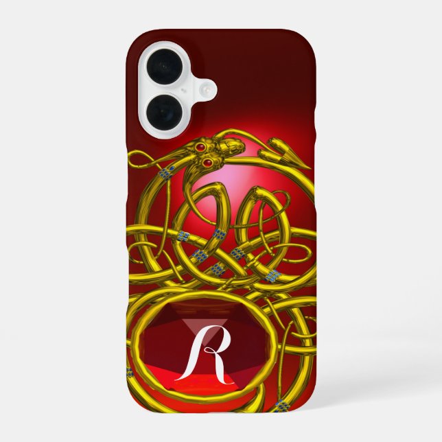 Funda Para iPhone 16 HIper DRAGONES, NUDOS CÉLTICOS DE ORO con Monogram (Reverso )