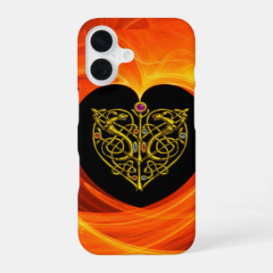 Funda Para iPhone 16 HOJA DORADA, NUDOS CÉLTICOS negro naranja amarillo