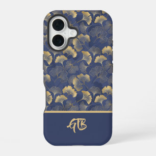 Funda Para iPhone 16 Hojas de Ginkgo azules elegantes con monograma