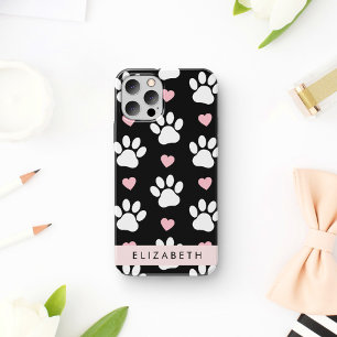 Funda Para iPhone 16 Huellas de Perro, Huellas Blancas, Corazones Rosas