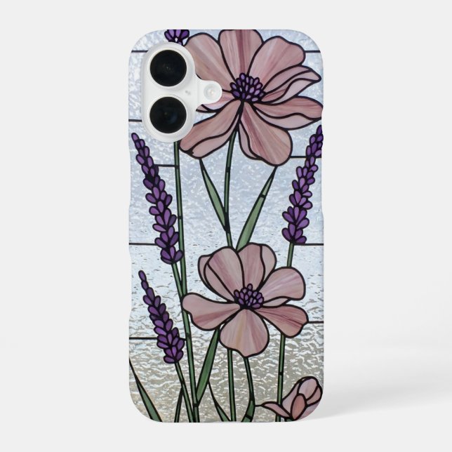 Funda Para iPhone 16 Ilusión de vidrio emplomado floral rosa (Reverso )