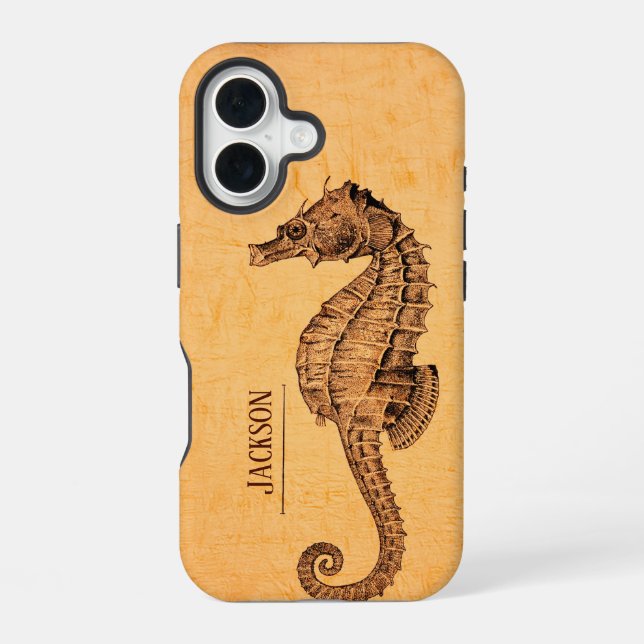 Funda Para iPhone 16 Ilustracion de caballito de mar de época (Reverso )