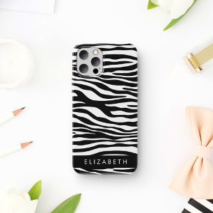 Funda Para iPhone 16 Impresión de cebra, rayas, negro y blanco, tu nomb