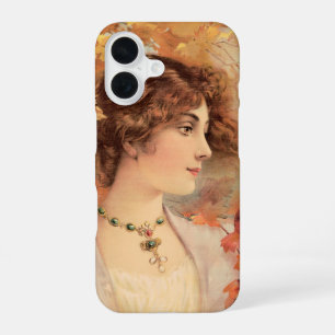 Funda Para iPhone 16 Impresión de Mujer de Otoño Art Nouveau con Follaj