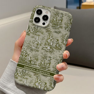 Funda Para iPhone 16 Impreso vintage verde gris toile de jouy