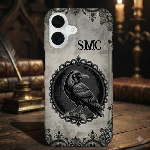Funda Para iPhone 16 Inicial monograma de cuervo gótico carbón