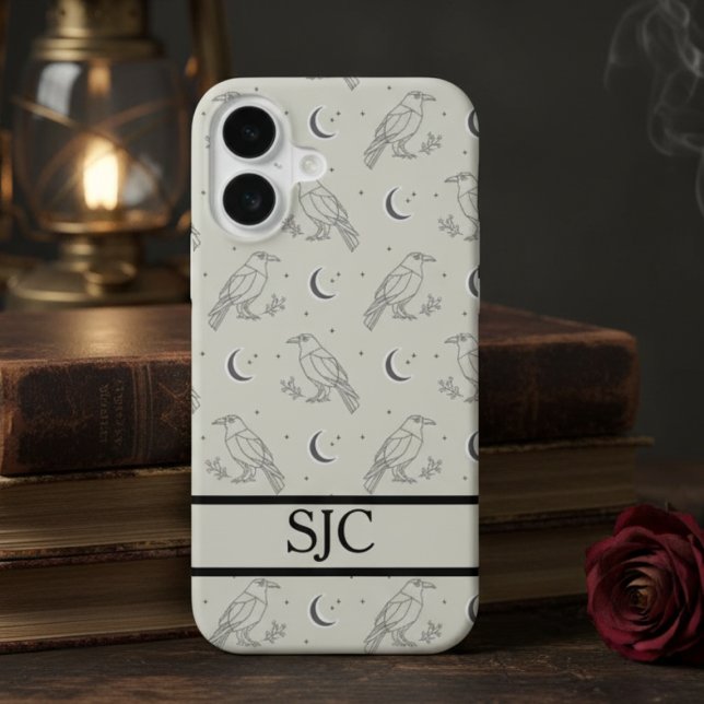 Funda Para iPhone 16  iPhone Case - Raven & Moon Pattern (Gothic raven monogram phone case)