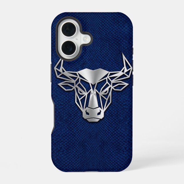 Funda Para iPhone 16 iPhone Pitón Azul Toro Geométrico Cromo Plateado (Reverso )