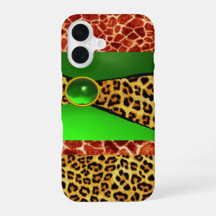 FUNDA PARA iPhone 16 JIRAFA IMPRESA PIEL DE LEOPARDO VERDE EMERALDA GEM
