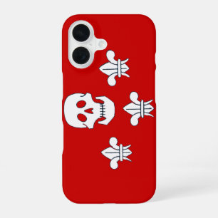 Funda Para iPhone 16 JOLLY ROGER CRÁNEO Y TRES LILIAS BANDERA Rojo Blan