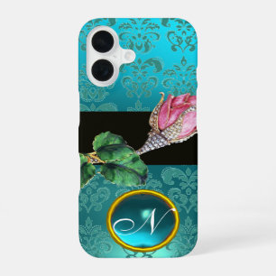 FUNDA PARA iPhone 16 JOYA DE CAPULLO DE ROSA ROSA, MONOGRAMA DE GEMA DA