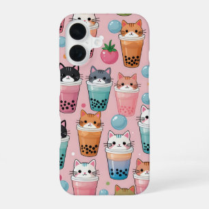 Funda Para iPhone 16 Kawaii Burbble Tea Cats Patrón sin Marea
