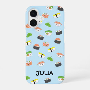 Funda Para iPhone 16 Kawaii personalizado, sushi ilustracion azul lindo