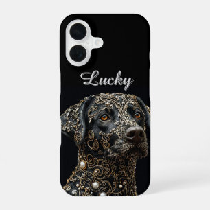 Funda Para iPhone 16 Labrador Negro Con Intrincado Oro y Perla