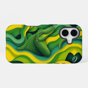 Funda Para iPhone 16 Lagarto Cocodrilo Dragón Monograma Verde Amarillo 