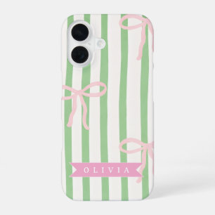 Funda Para iPhone 16 Lazo de Raya Verde Coquette Femenino Personalizado