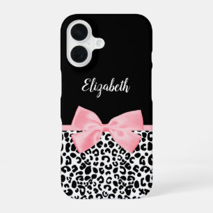Funda Para iPhone 16 Lazo Rosa Claro Estampado Leopardo Negro Blanco