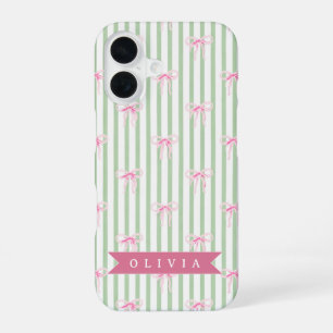 Funda Para iPhone 16 Lazo Rosa Personalizado Coquette Preppy con Raya V