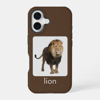 Funda Para iPhone 16 León sobre blanco y marrón con texto