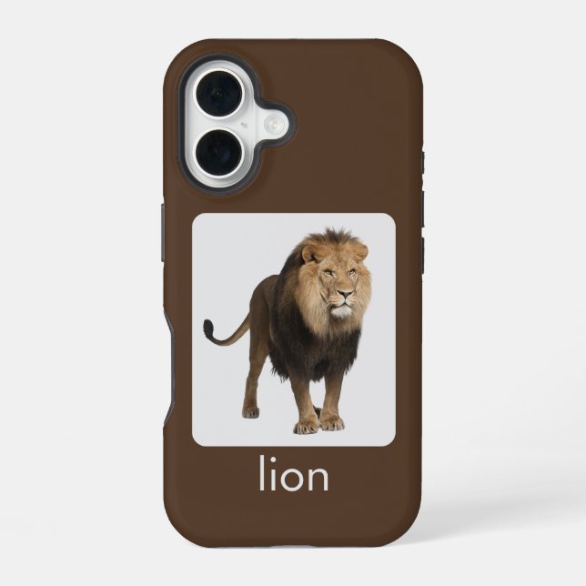 Funda Para iPhone 16 León sobre blanco y marrón con texto (Reverso )