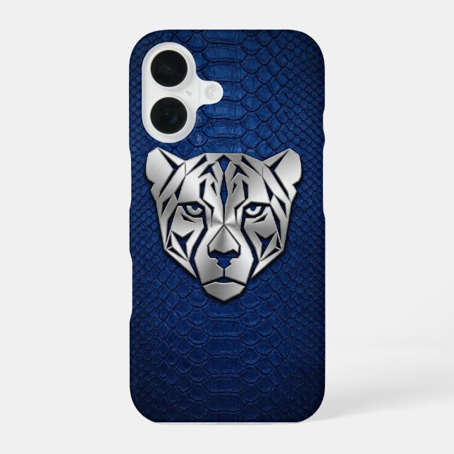 Funda Para iPhone 16 Leopardo Geométrico Plateado Piel de Serpiente Azu (Reverso )