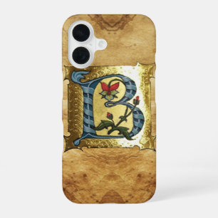 FUNDA PARA iPhone 16 LETRA B DE ORO AZUL CON MONOGRAMA DE FLORES