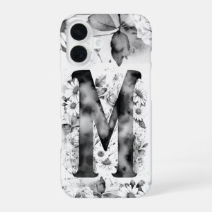 Funda Para iPhone 16 Letra negra y blanca M Elegante acuarela floral