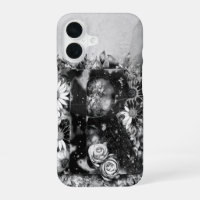 Letra R Negra y Blanca Floral Acuarela Trippy 
