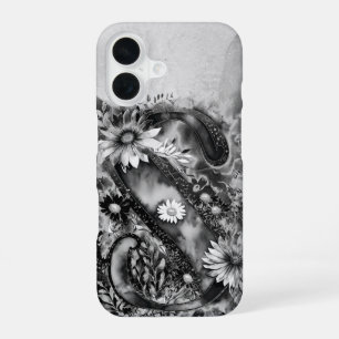 Funda Para iPhone 16 Letra S Floral Acuarela Trippy en Blanco y Negro 