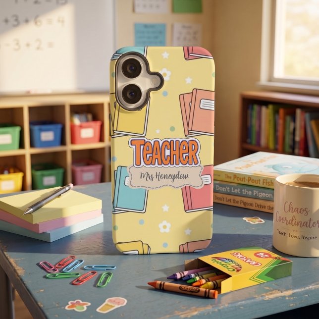 Funda Para iPhone 16 Libros Escolares De Maestra Amarilla Patrón  (Subido por el creador)