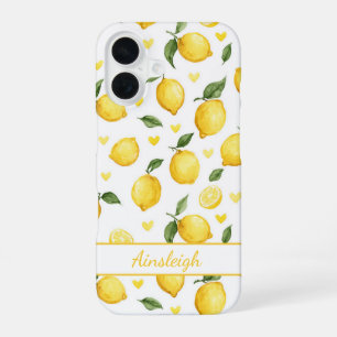 Funda Para iPhone 16 Limoneros con Monograma de Corazones en Acuarela