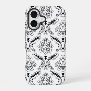 Funda Para iPhone 16 Línea de Patrón de Damasco Rococó Negro sobre Blan