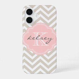 Funda Para iPhone 16 Lino beige y rosa Chevron Monograma personalizado