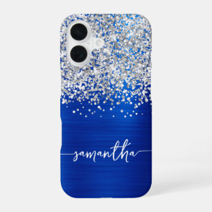 Funda Para iPhone 16 Llamativo Glitter Plateado Azul Real Glam Nombre