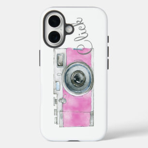 Funda Para iPhone 16 Logotipo de cámara retro de acuarela rosa para fot