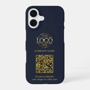 Funda Para iPhone 16 Logotipo moderno de negocio azul y código QR promo