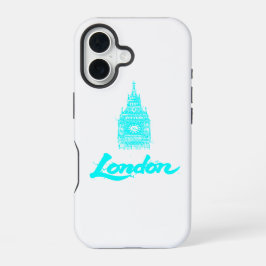 Funda Para iPhone 16 Londres Cian Neón Boceto Big Ben Moderno Negro